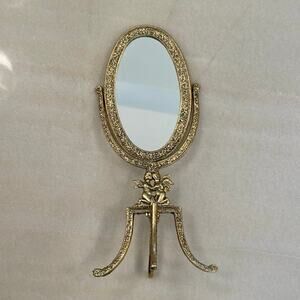 Vintage Gold Brass Ornate Small Tilting Vanity Mirror with Cherub figures